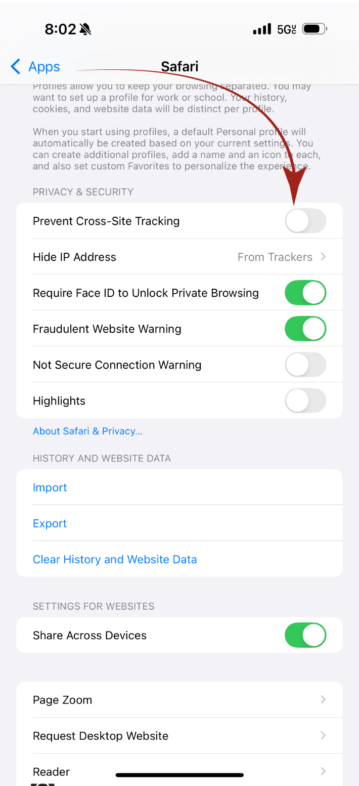 Prevent Cross-Site Tracking Toggle
